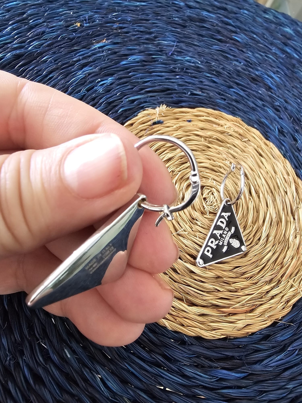 Prada Black Triangle Logo Hoop Drop Earrings - Picture 3 of 5